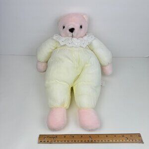 Vtg Puffy Teddy Bear Pink Plush White Yellow Outfit Parachute Body Nylon w Lace